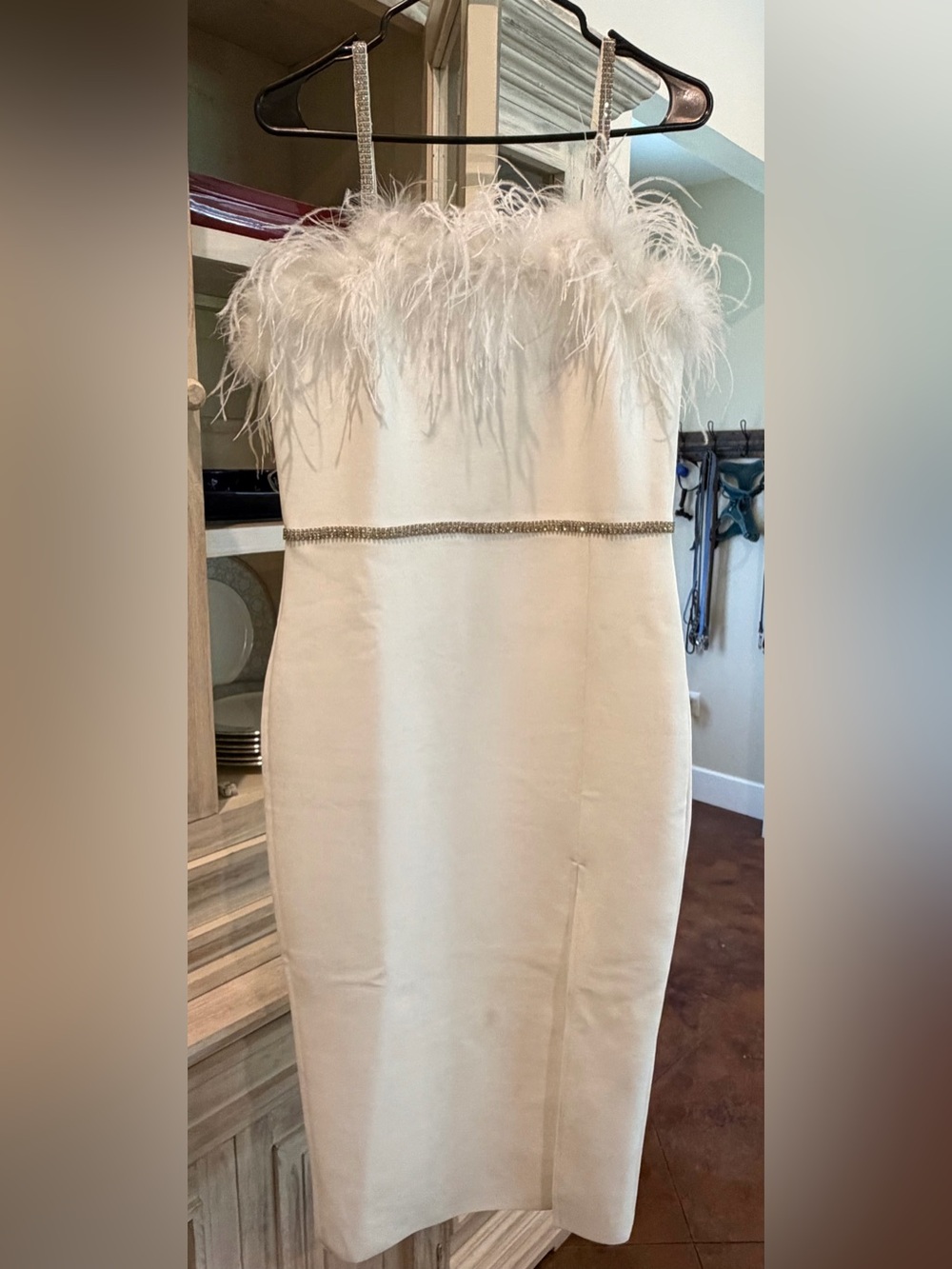 Liliana White Feather-Trim Bandage Dress with Side Slit